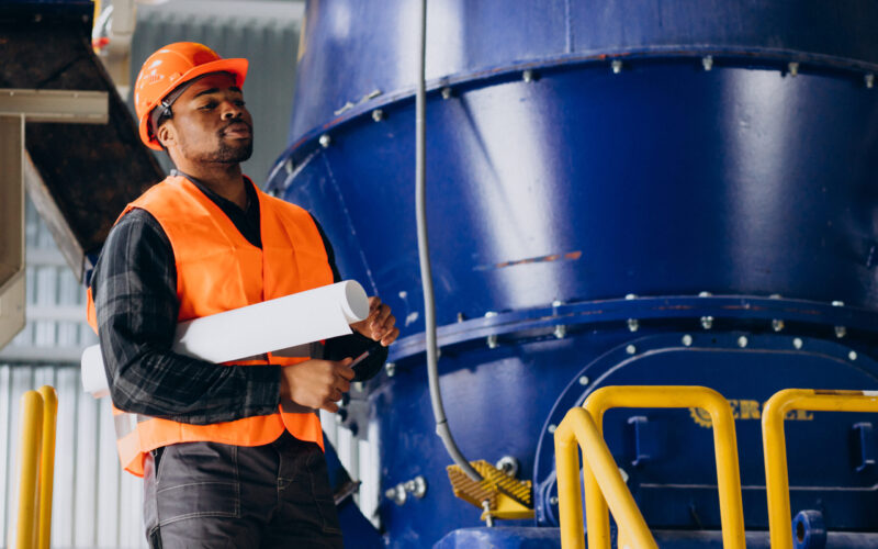 African american worker standing in uniform wearing a safety hat in a factory